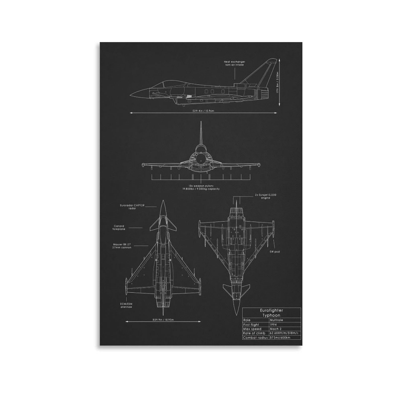 ZYGNBHL Eurofighter Typhoon Multi-role Fighter Poster Office Bedroom Room Aesthetics 20x30inch(50x75cm)