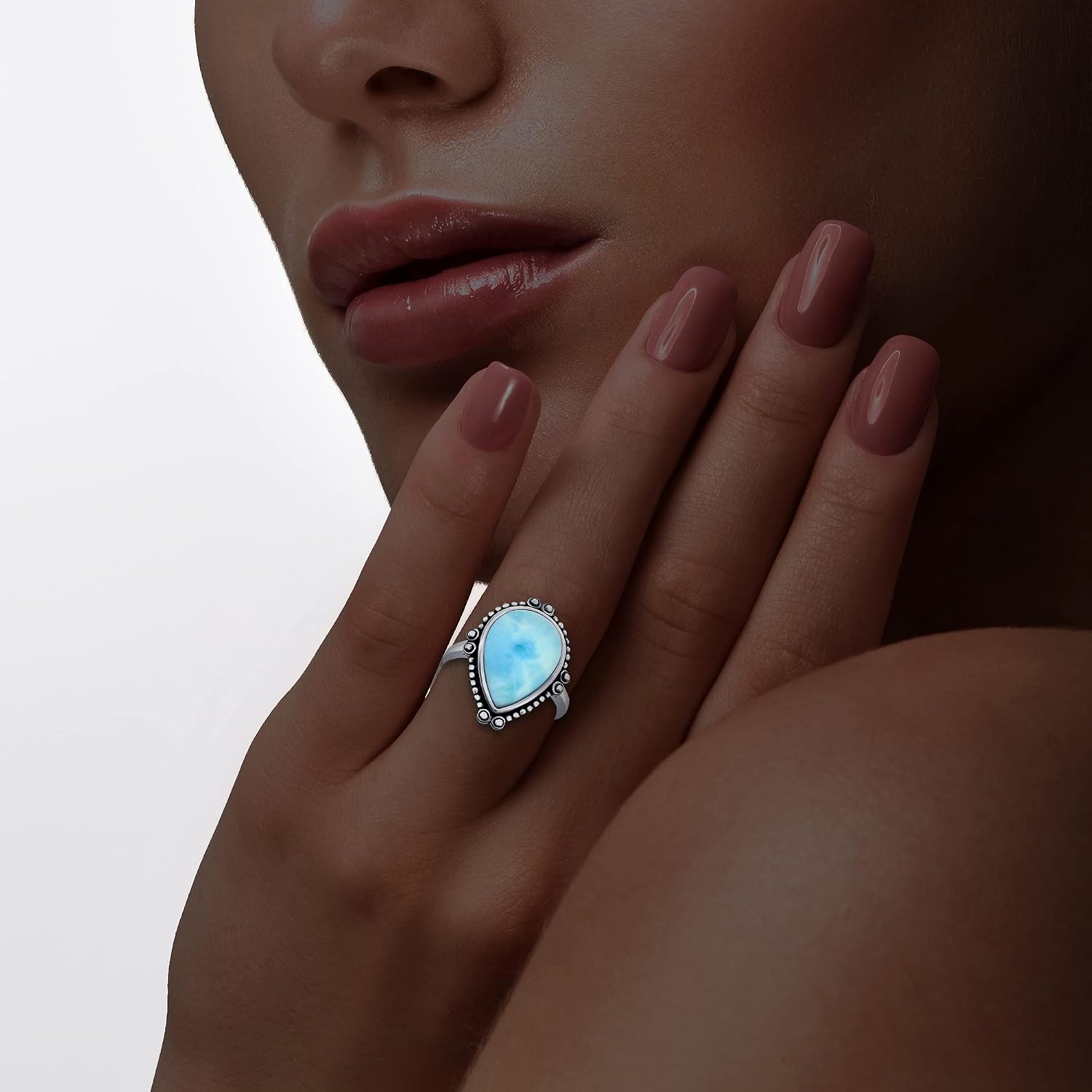 Filigree Design with Natural Larimar Gemstone Rectangle/Oval/Pear-Shaped Oxidized Antique Ring Sterling Silver Jewelry for Women or Teens
