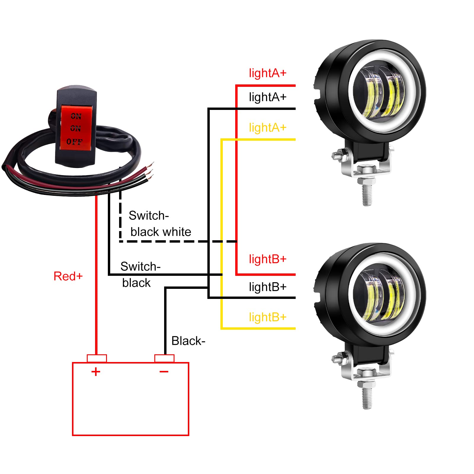 Biqing 2PCS Feux Additionnels Moto avec Rouge Angel Eye,Ronde de 3 Pouces 20W Phare LED Motos Avant 12V/24V Phare de Travail Brouillard Feux de Jour de Motos DRL Avec Interrupteur Moto 22mm