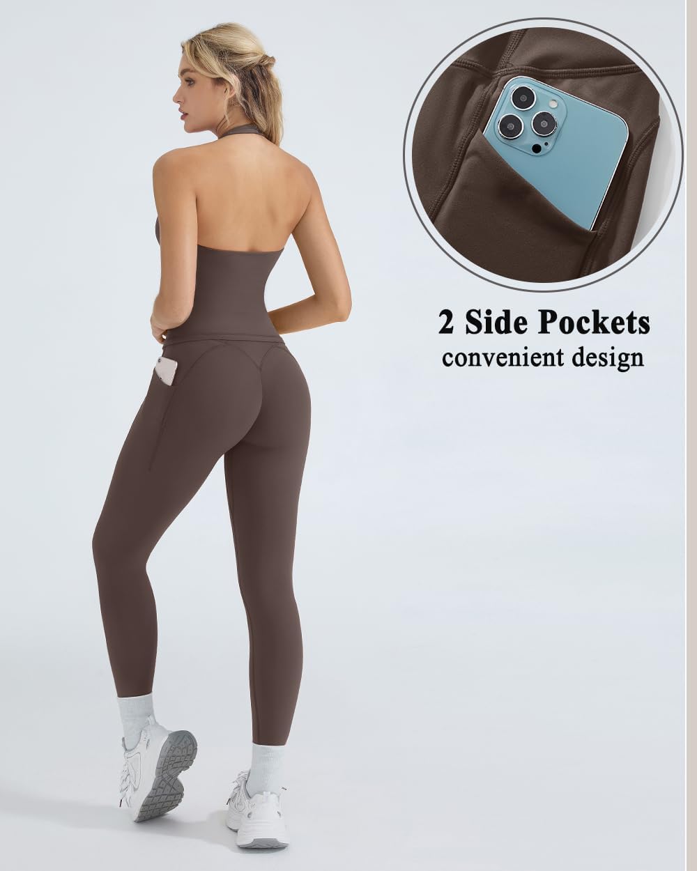 OMKAGI 2 Piece Workout Sets for Women Halter Tops Booty Leggings with Pockets Gym Outfits