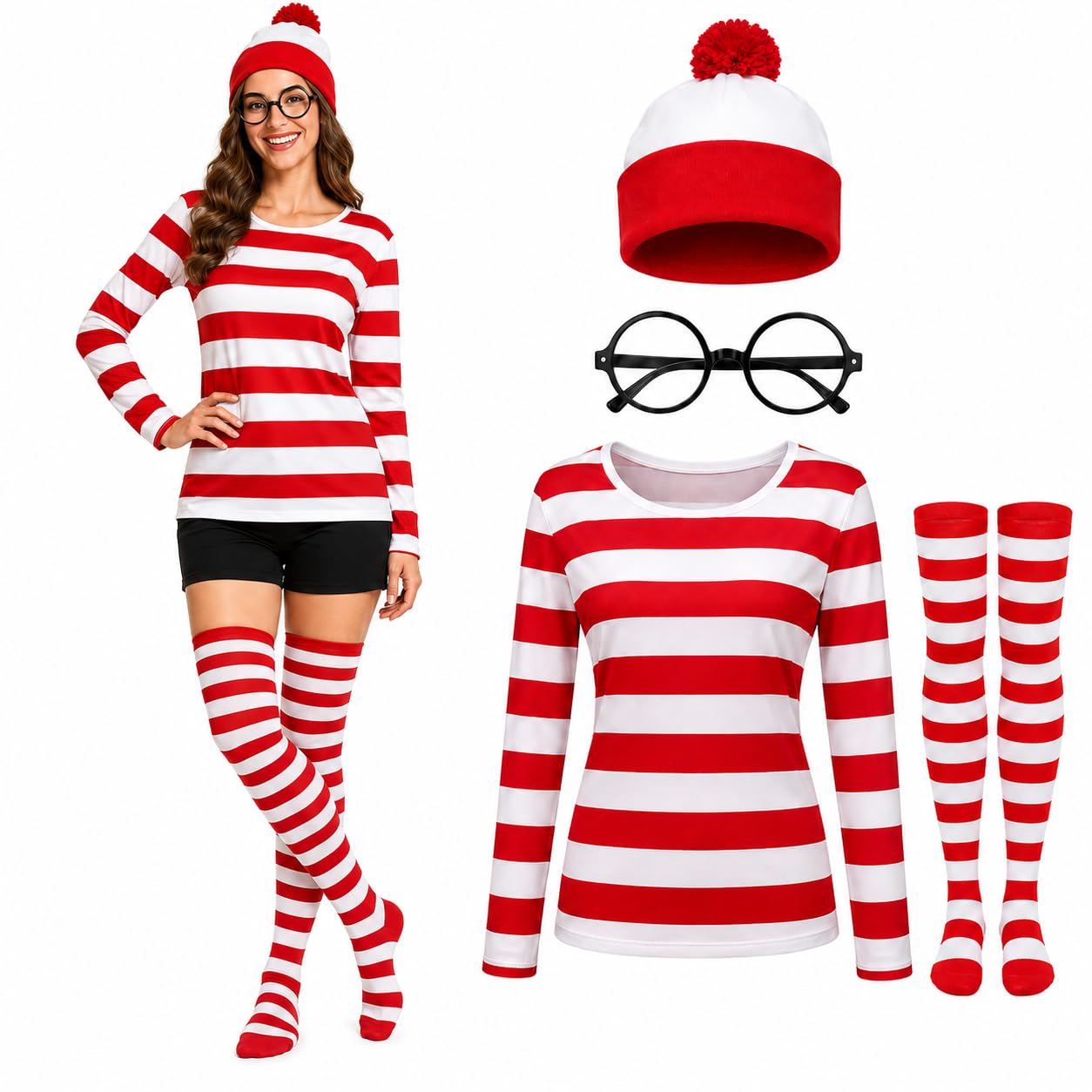 Red and White Striped Shirt Halloween Costume Set for Women