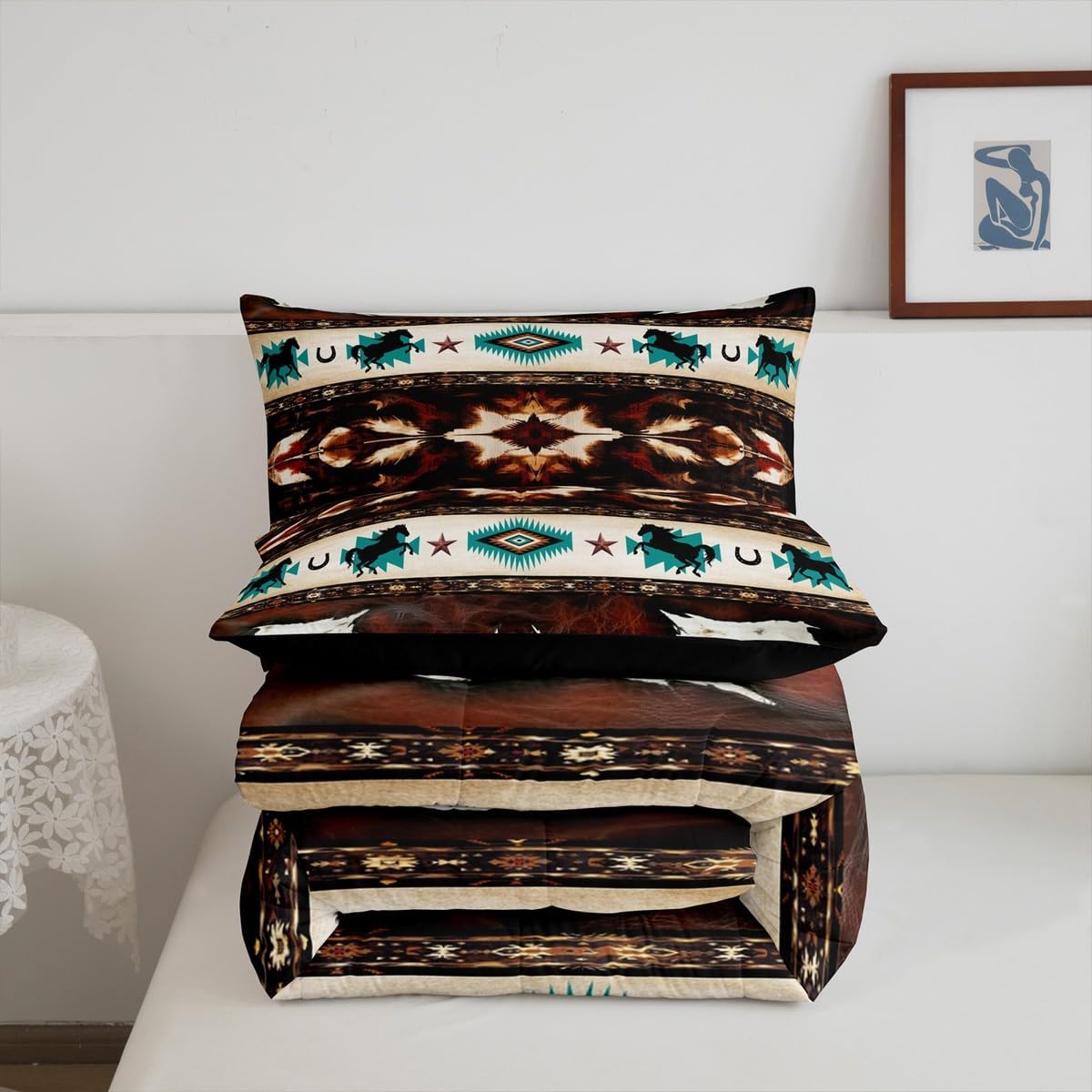 Feelyou Horse Comforter Set Cowhide Cow Print Retro Fur Bedding Set with 2 Pillow Cases Boho Rustic Farmhouse Style Kids Queen Bedclothes Exotic Geometric Bedroom Decor Western Aztec Duvet Quilt