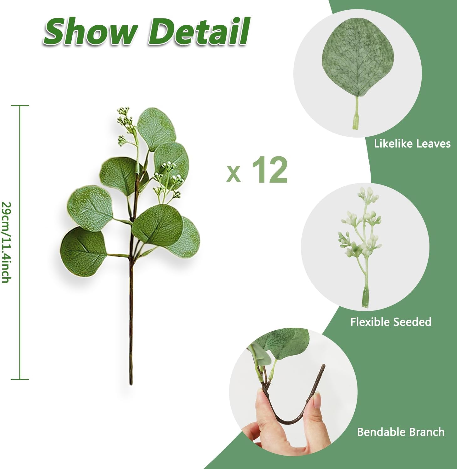 Artificial Eucalyptus Seeded Stem 12Pc Faux Greenery Leaves Branches 11.4” Silver Dollar Eucalyptus Plant Bulk for Wedding, Garden, Home, Office, Indoor Outdoor Decoration
