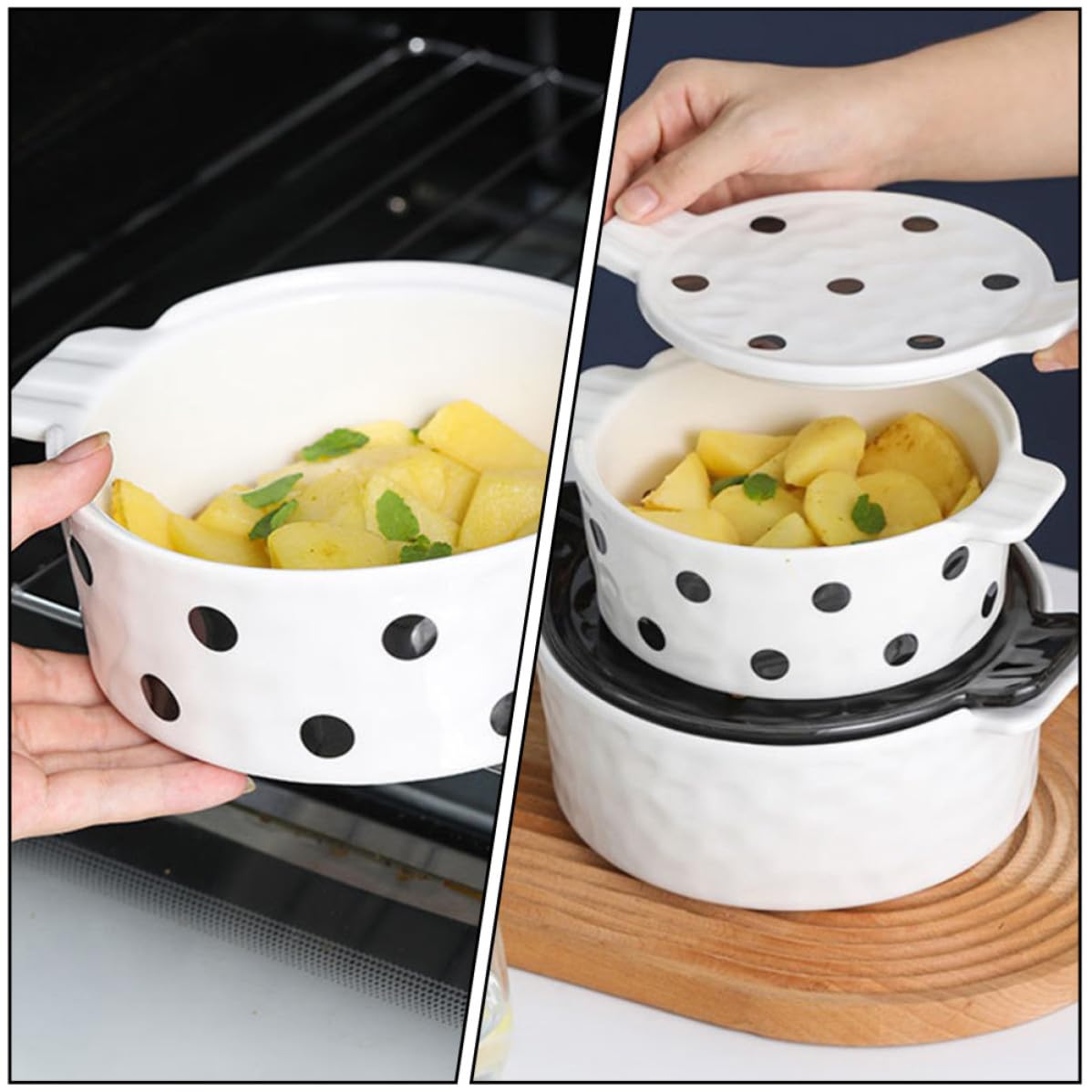 Homoyoyo Ciotola da Forno in Ceramica Bianca con Coperchio e Manici