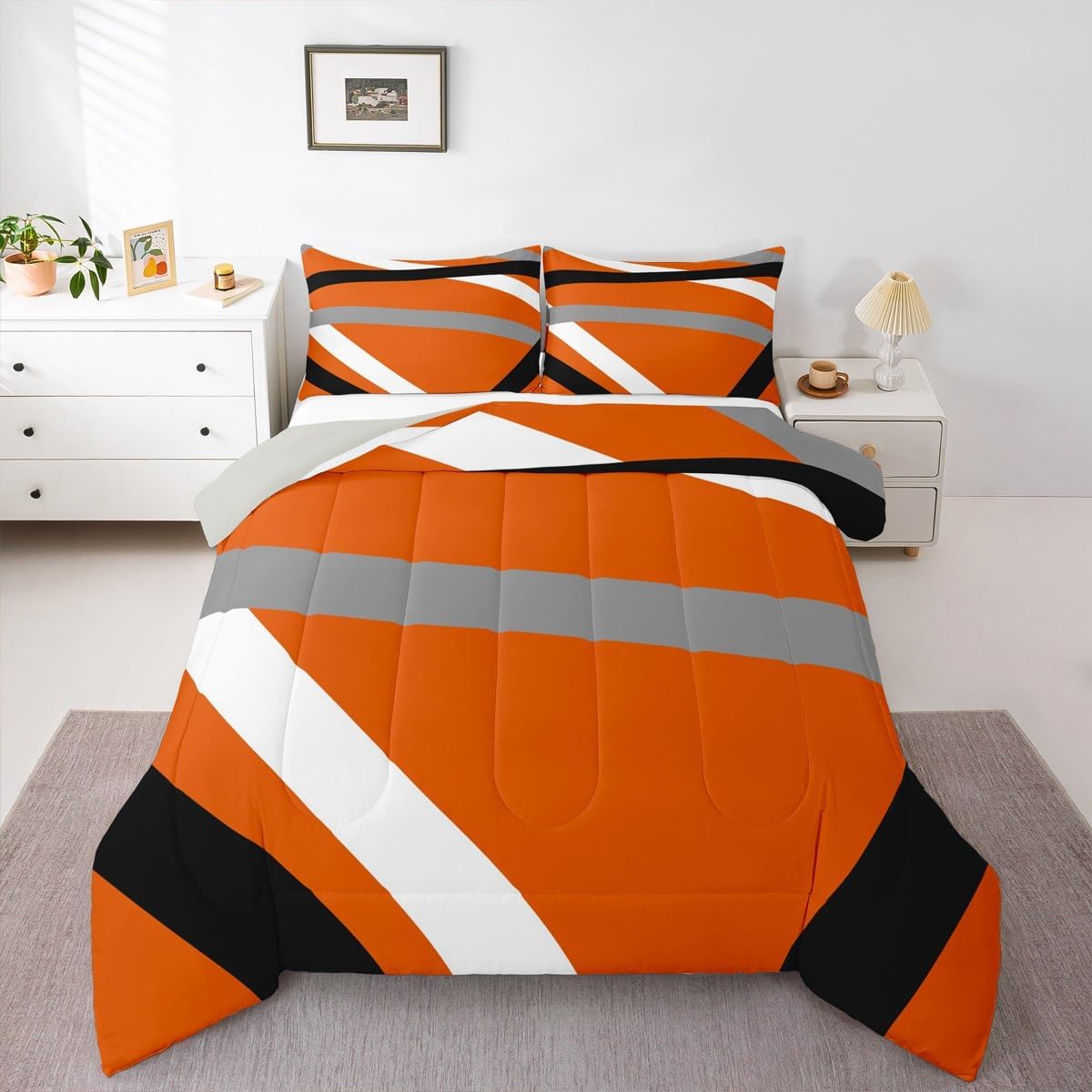 Erosebridal Orange Gray Black Striped Queen Comforter Set for Adult Women Men Modern Abstract Bedding Set Geometric Lines Bed Set Aesthetic Boho Quilt Set - Image 2