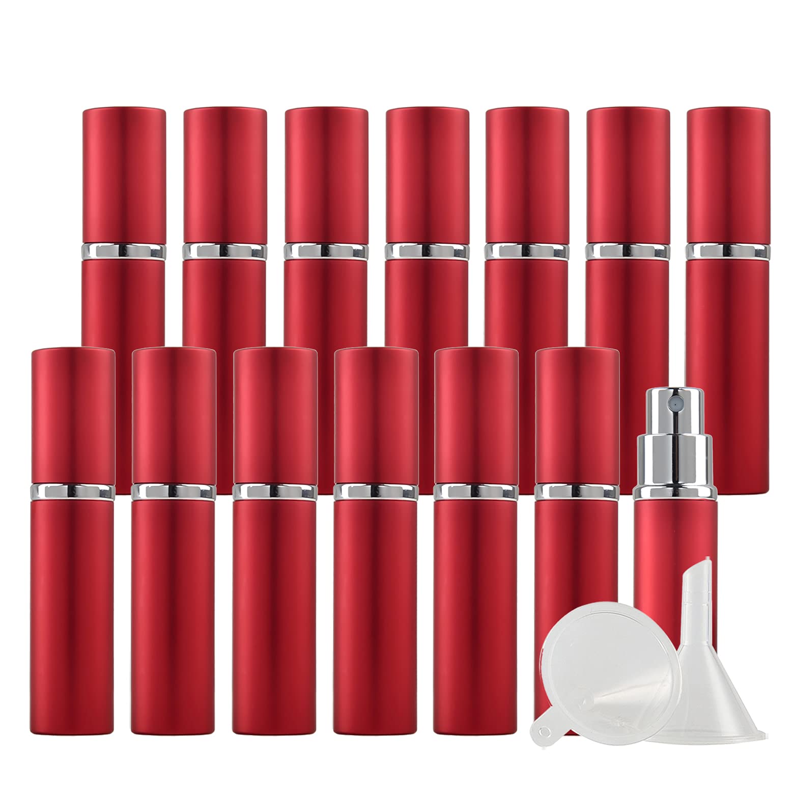 28 Stück Leer 10ml Zylindrisch Rot Portable Parfüm Zerstäuber, Mini Nachfüllbar Parfümzerstäuber Sprühflasche, Aluminium Taschenzerstäuber Parfümflasche Reisen + 6 x Trichter