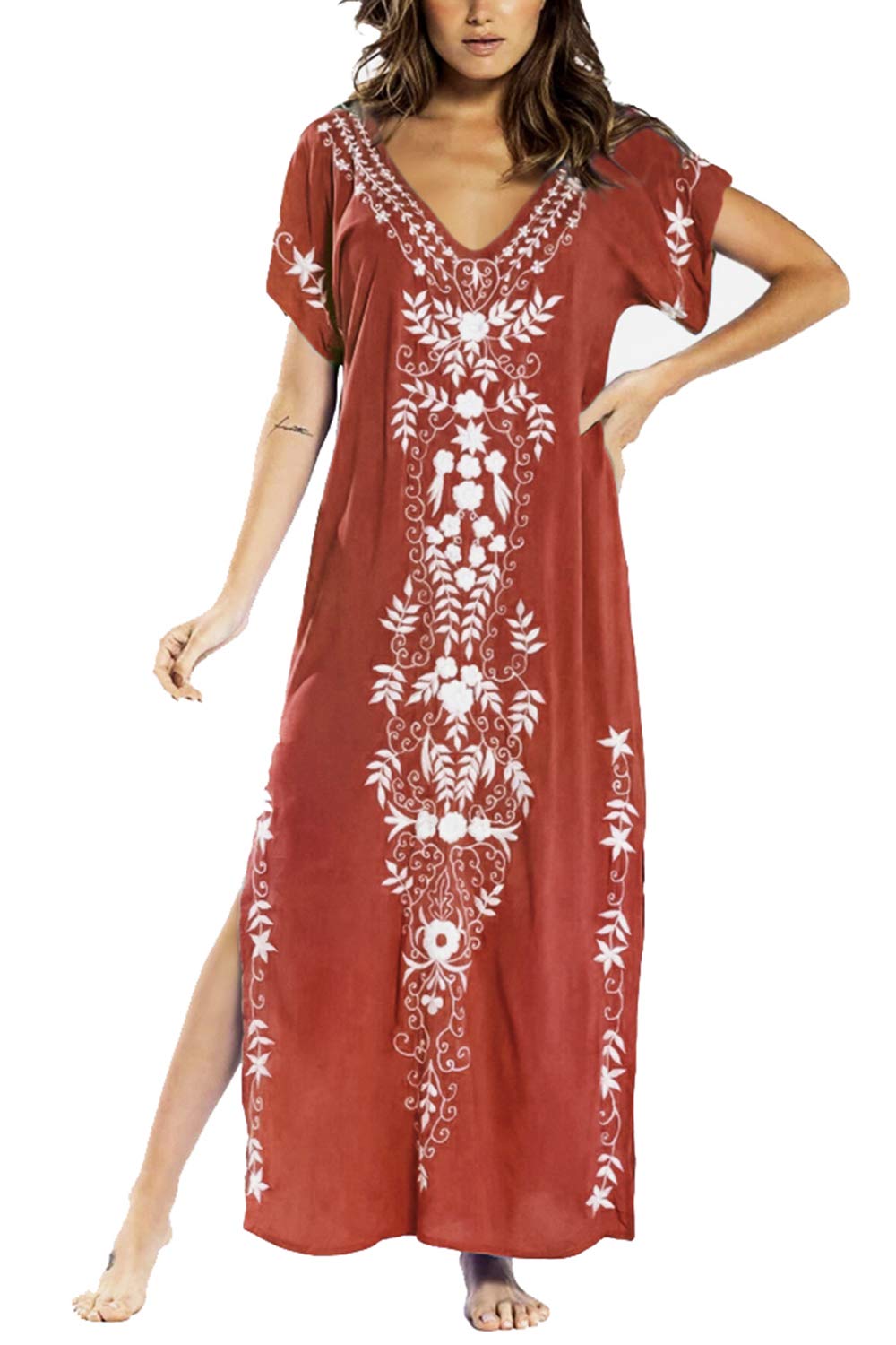 YouKD Cotton Kaftan Embroidered Floral Dress Bohemian Beach Bikini Cover Up Robe Plus Size Nightgown for Women