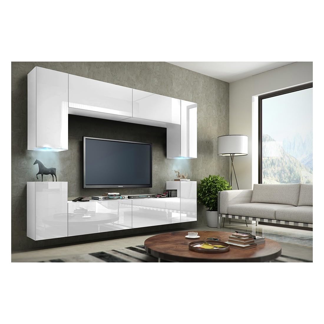 Meublorama Conjunto de Muebles de salón Blancos Colgantes colección CEPTO I 240cm, 8 Puertas, 6 estantes, Luces led.