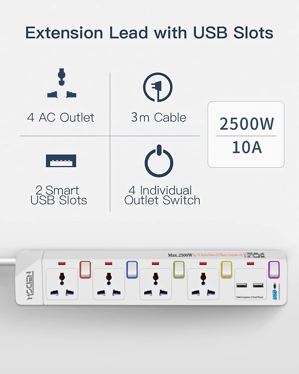 3M 4 Way Extension Lead with 2 USB, Mscien Plug Extension with 5 Independent Switch Power Strip - Image 3