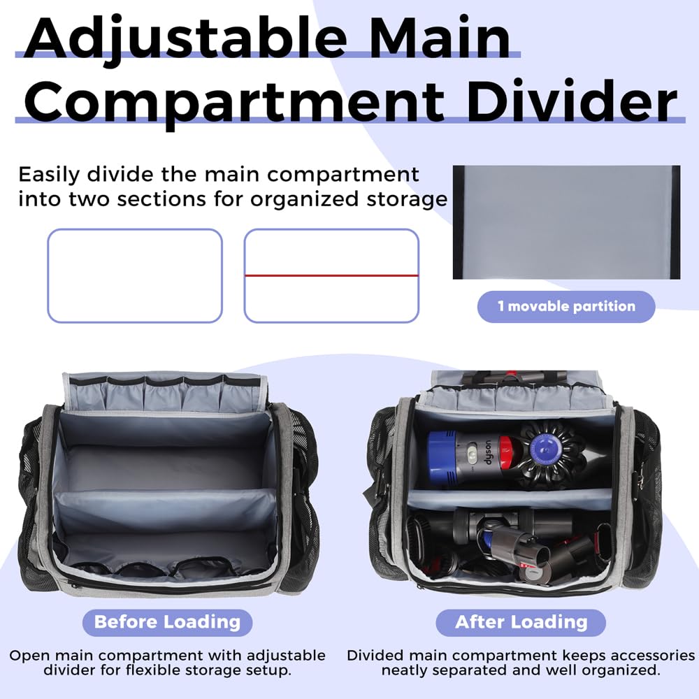 Bolsa de almacenamiento al vacío para coche y barco compatible con Dyson V7 - V15 - Funda organizadora para aspiradora de mano inalámbrica y accesorios, bolsa de transporte de viaje con separadores