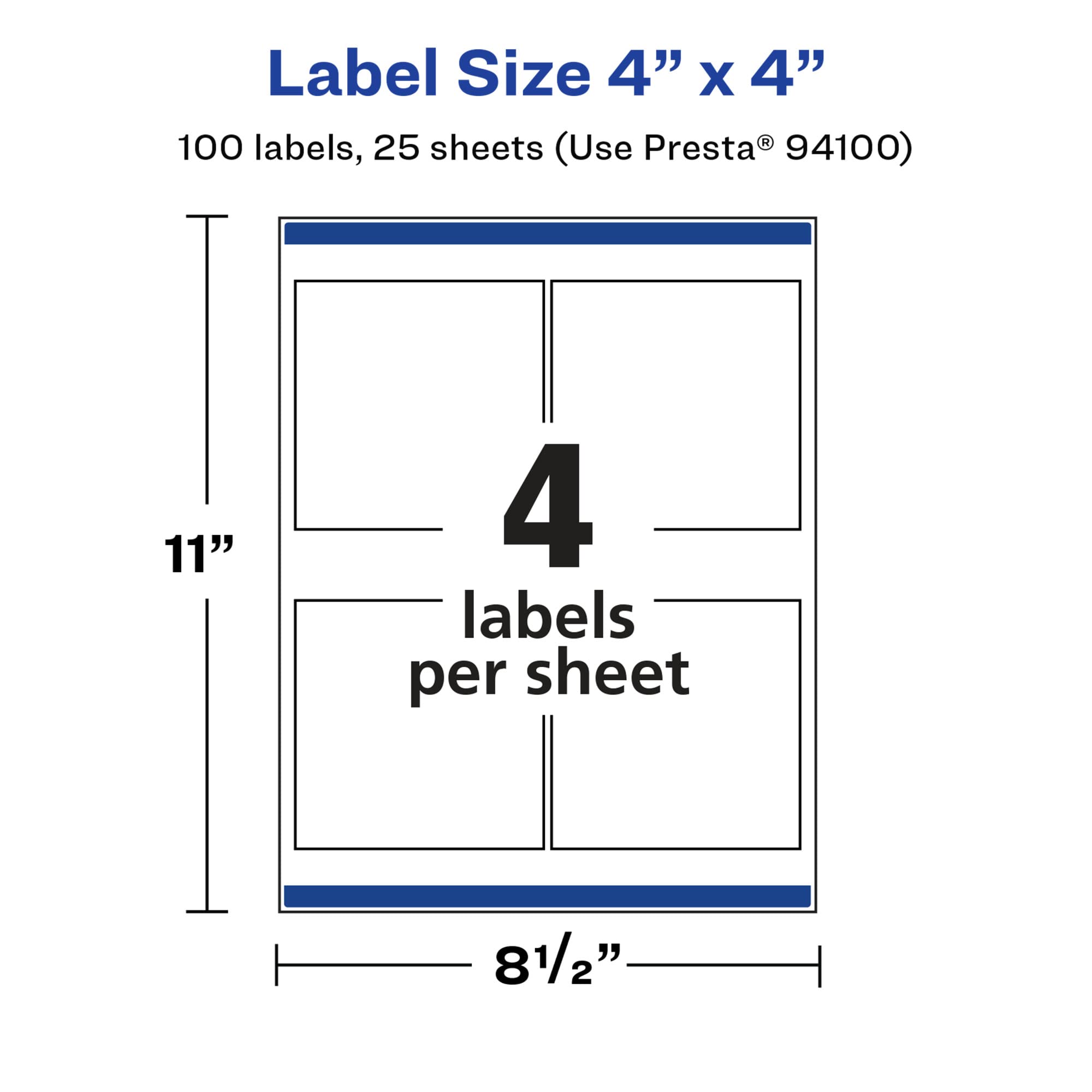 Avery Etichette quadrate bianche lucide con alimentazione sicura, 4 "x 4", 100 etichette bianche lucide, adesivo permanente per etichette, etichette stampabili a laser e getto d'inchiostro