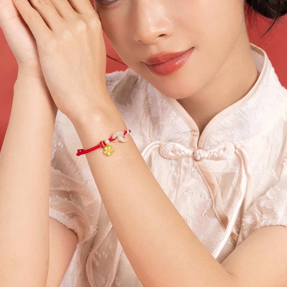 24K Solid Gold Bracelets for Women, Real Pure Gold Bracelets Adjustable Friendship Charm Gold Cherry Blossom Green Nephrite Jade Jewelry Braided Bracelets for Mom Women Girlfriend Lover