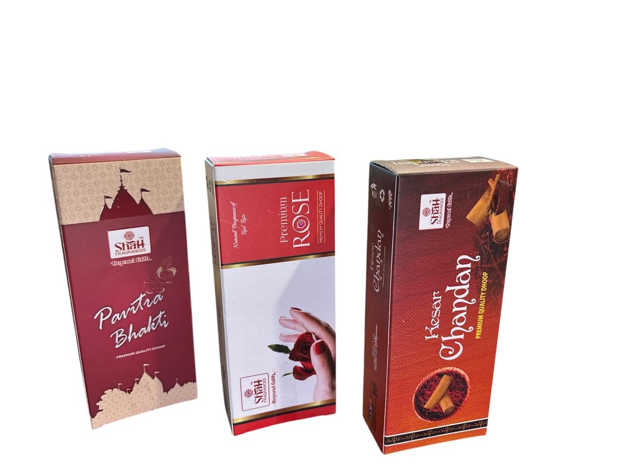 Shah Fragrances Premium Assorted Bambooless Dhoop Sticks | Kesar Chandan | Premium Rose | Pavitra Bhakti | Charcoal-Free Incense | Ideal for Rituals & Meditation | Long Lasting Fragrance | 3 x 100g-image-3