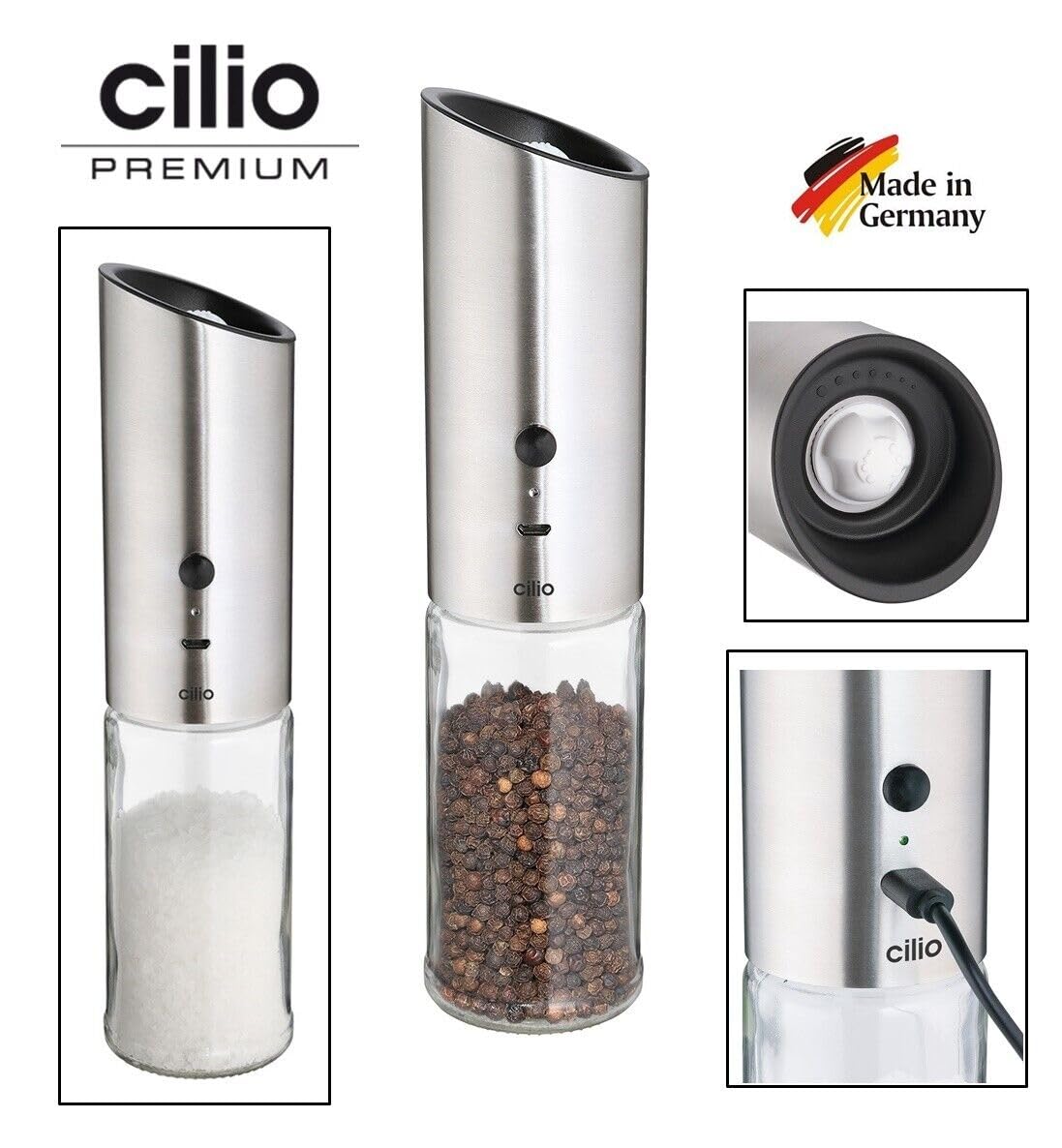 MACINA PEPE E SALE ELETTRICO A BATTERIA RICARICABILE IN ACCIAIO INOX E VETRO "CILIO" GERMANY