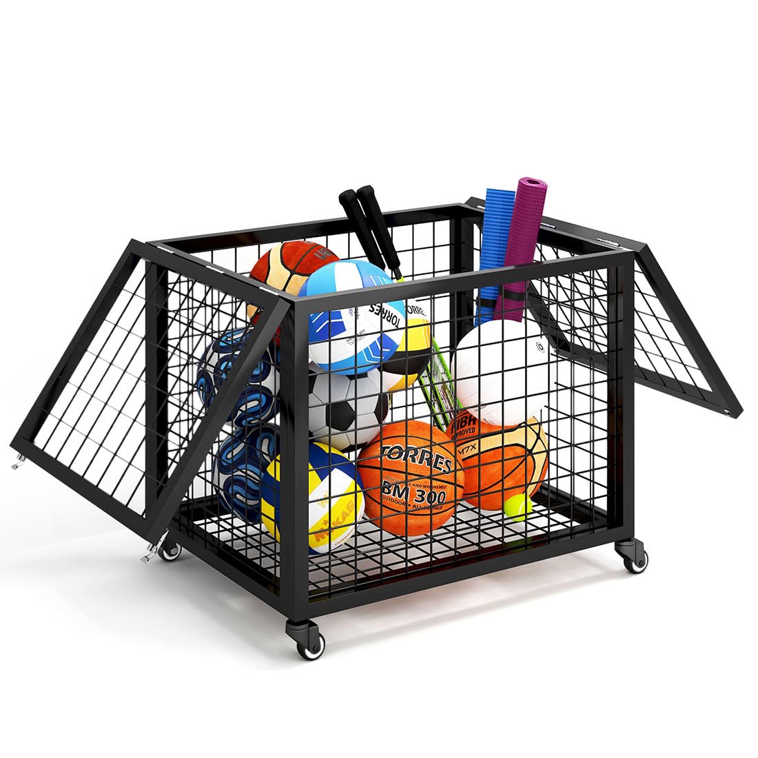 Ballwagen mit Rollen,Gitterwagen mit Deckel,Abschließbarer Ball-Aufbewahrungswagen,Ballbox,Ballregal,Ballkorb,Regal Sportgeräte für Basketball,Fußball,Volleyball,Gymnastikball,Tennisball