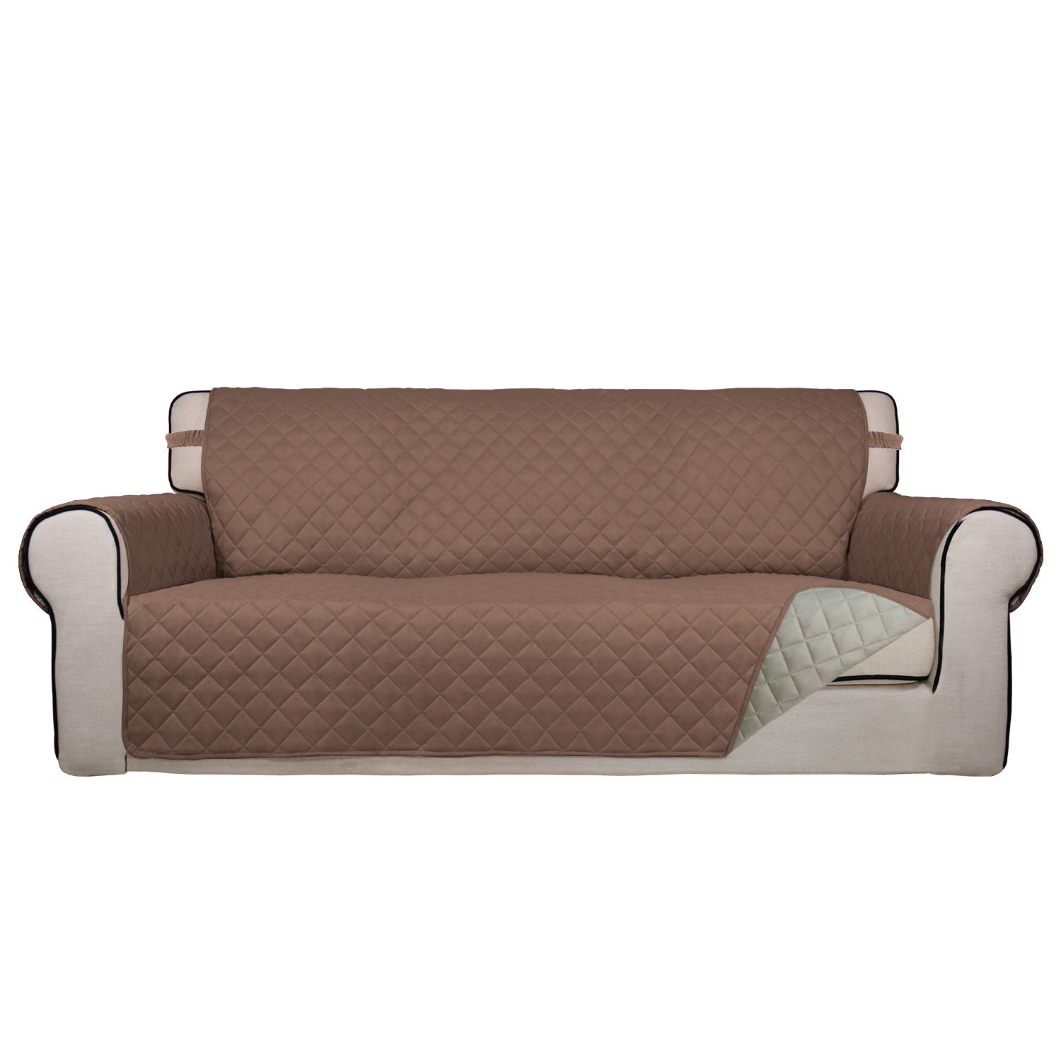 PureFit Reversible Quilted Sofa Cover, Water Resistant Slipcover Furniture Protector, Washable Couch Cover with Non Slip Foam and Elastic Straps for Kids, Pets (Oversized Sofa, Brown/Beige)