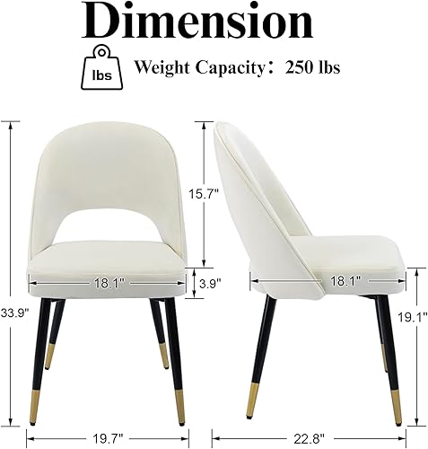 Miniatura 2 de HEAH-YO Juego de 2 sillas de comedor modernas, sillas laterales tapizadas de terciopelo marfil sin brazos con respaldo abierto y patas de metal,