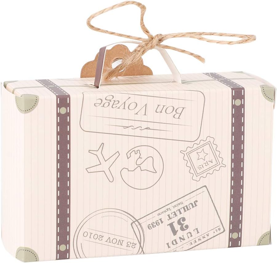 Yctze 20Pcs Travel Themed Wedding Favors Decorative Candy Boxes with Compass and Kraft Tags, Mini Suitcase Design for Bridal Shower, Party and Christmas, Gold, 8x3x5 Cm (#11)