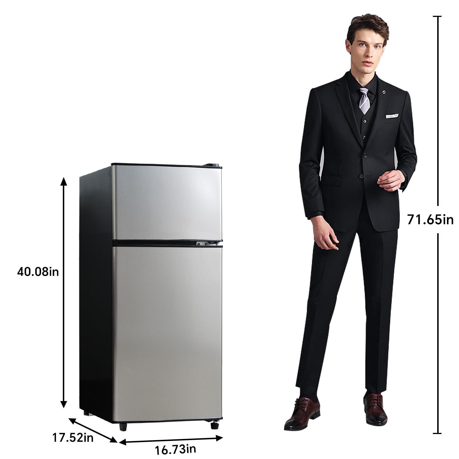 Drixno Mini Fridge With Freezer Silver 4.0 Cu.Ft Apartment Size Refrigerator Compact Small For Bedroom, Office, Dorm, RV, With Adjustable Mechanical Thermostat Double-Door Design on Fridge.com - View 6