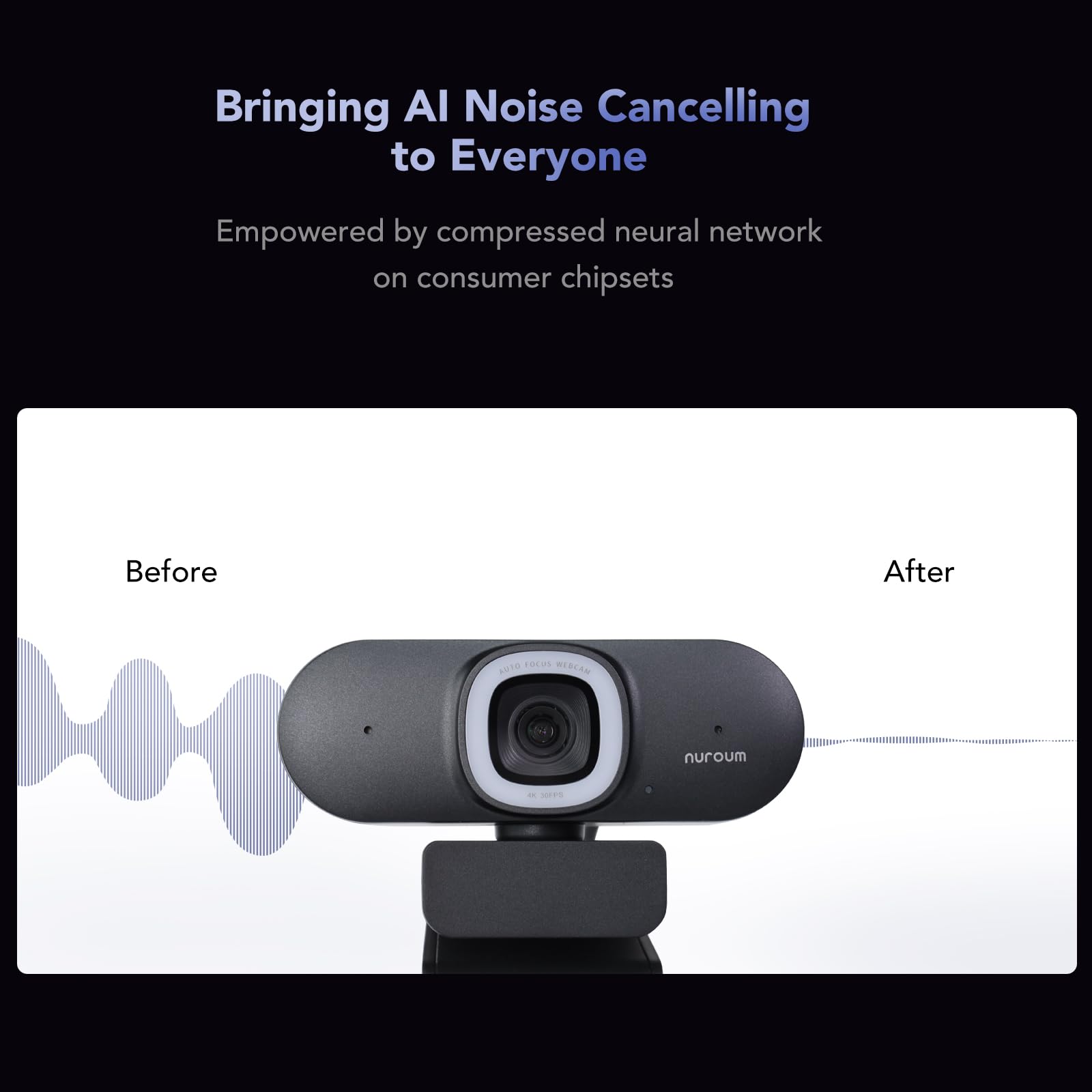 Nuroum V32-AFL Webcam 4K 8MP 1080P/60fps, 1440P/30fps CMOS con Autofocus, Luz Ajustable/Doble Micrófono con Cancelación de Ruido/Auto-Framing, Plug&Play Cámara para Streaming/Videoconferencia