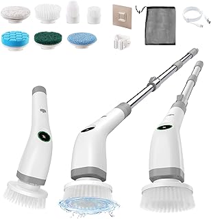 Elektrische Reinigungsbürste Bad, 7 in 1 Electric Cleaning Brush mit austauschbaren Bohrbürstenköpfen Led Anzeige lektrische Putzbürste mit Verstellbarem Griff für Boden Küche Auto Fliesen-IPX7