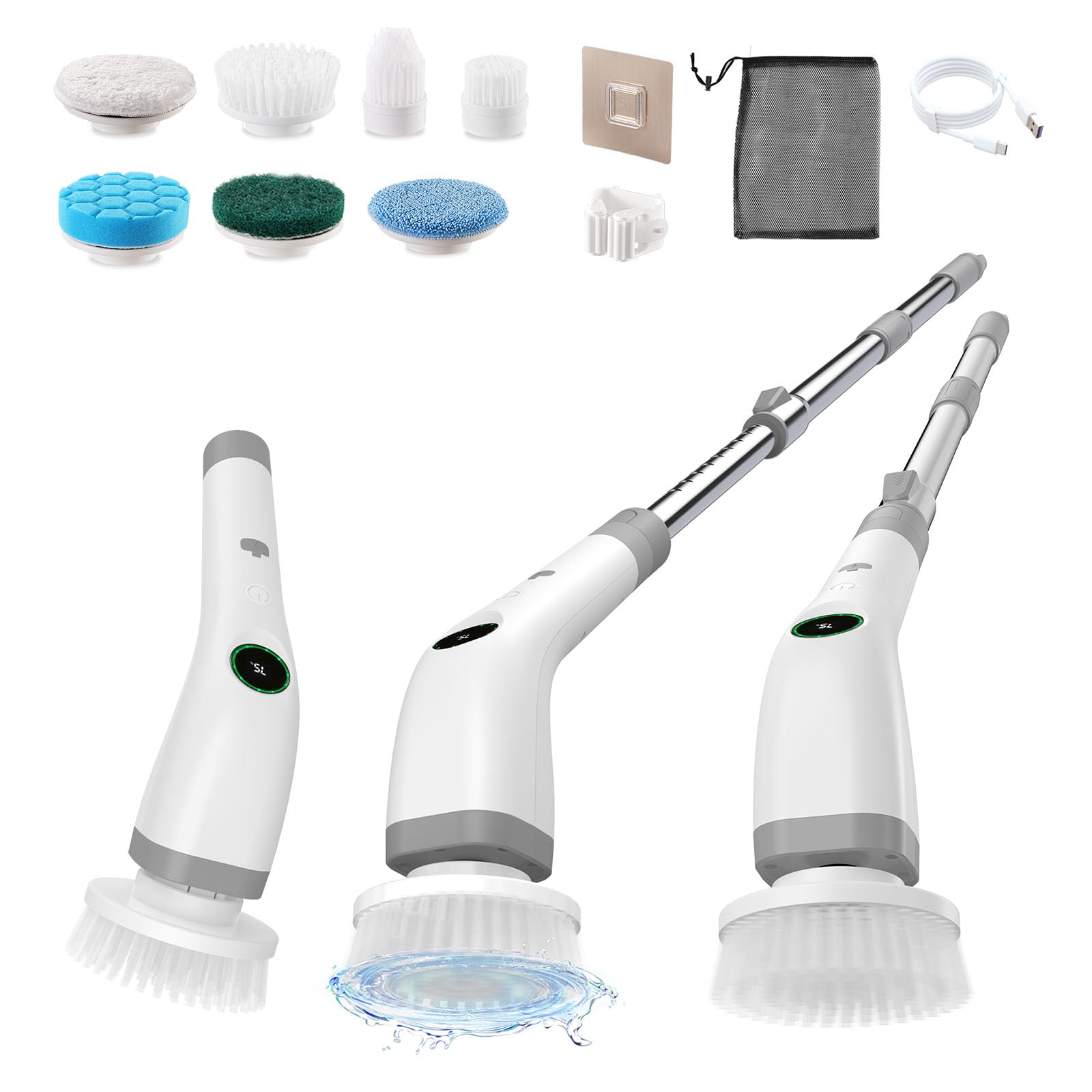 Elektrische Reinigungsbürste Bad, 7 in 1 Electric Cleaning Brush mit austauschbaren Bohrbürstenköpfen Led Anzeige lektrische Putzbürste mit Verstellbarem Griff für Boden Küche Auto Fliesen-IPX7
