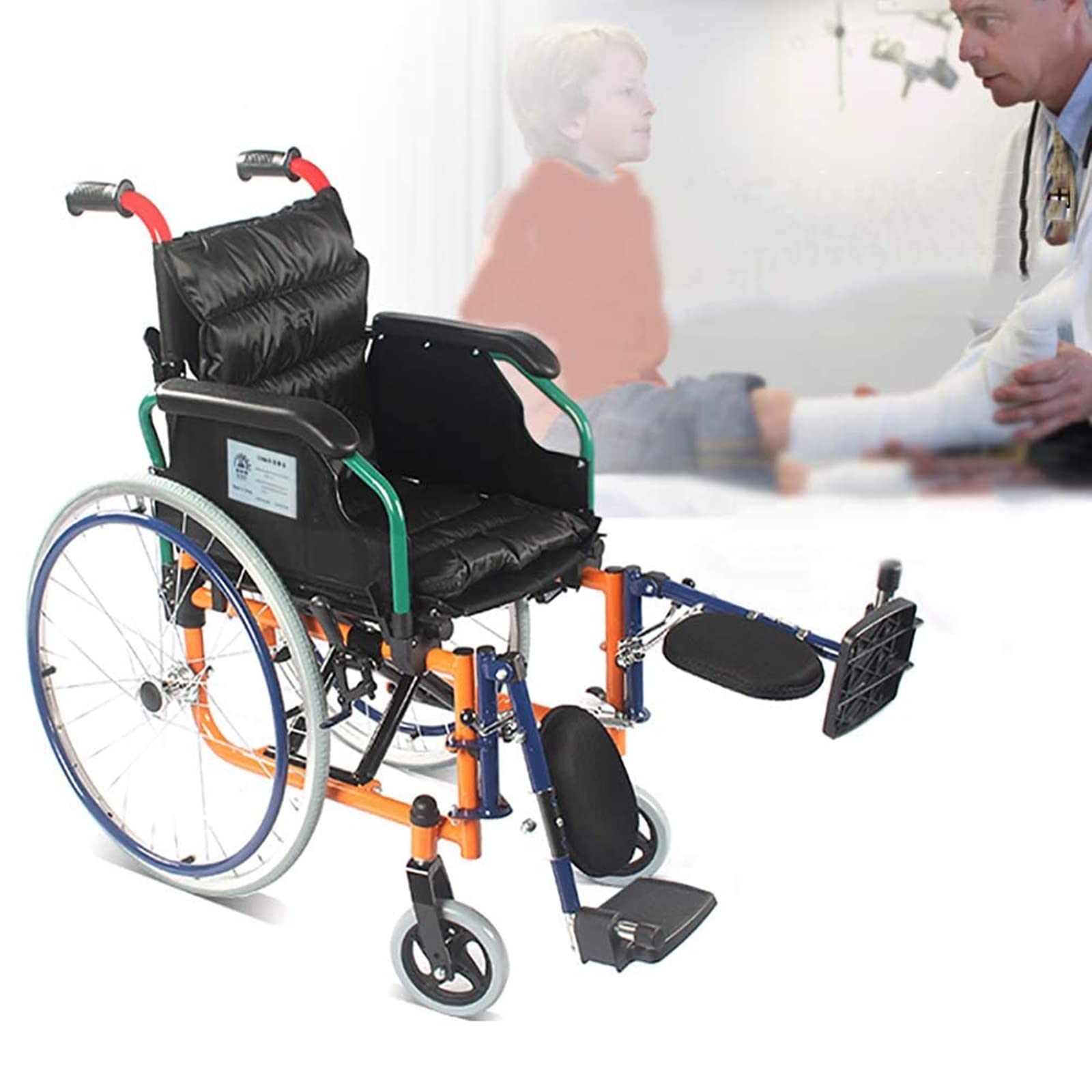 Silla de ruedas pediátrica con reposapiés elevables, asiento de 35 cm de ancho, silla de ruedas ligera de aleación de aluminio para niños para rehabilitación de fracturas