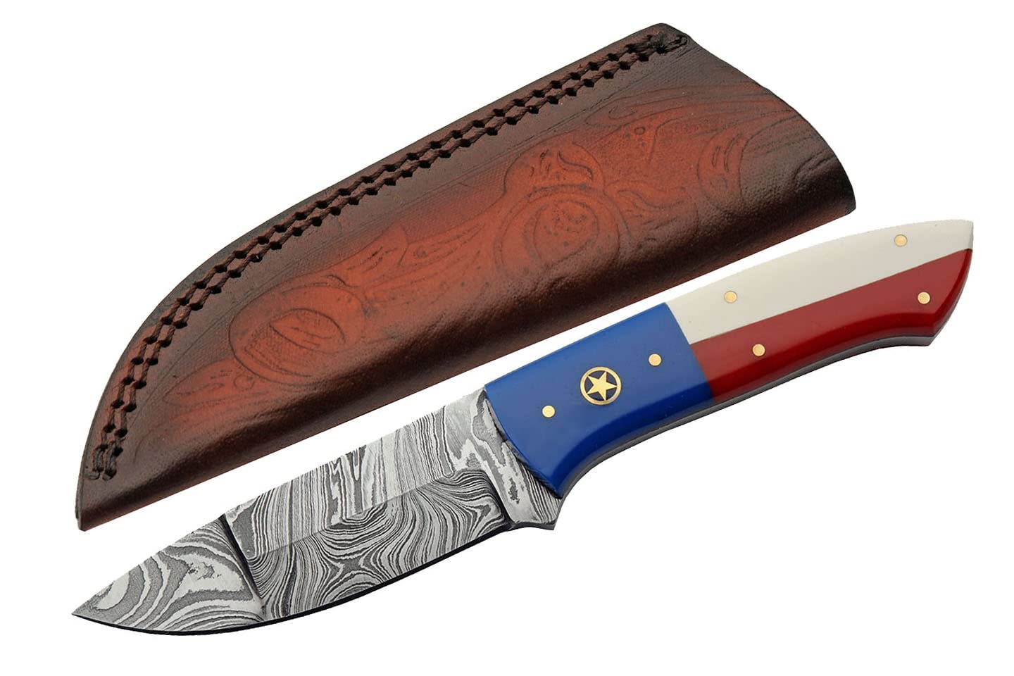 SANZ Damascus Hunting Knife 8 Inch - Camping Knife with Resin Handle, Full Tang Blade & Sheath - Pocket Knife for Hunting, Camping & Outdoor uses - Knives for Men