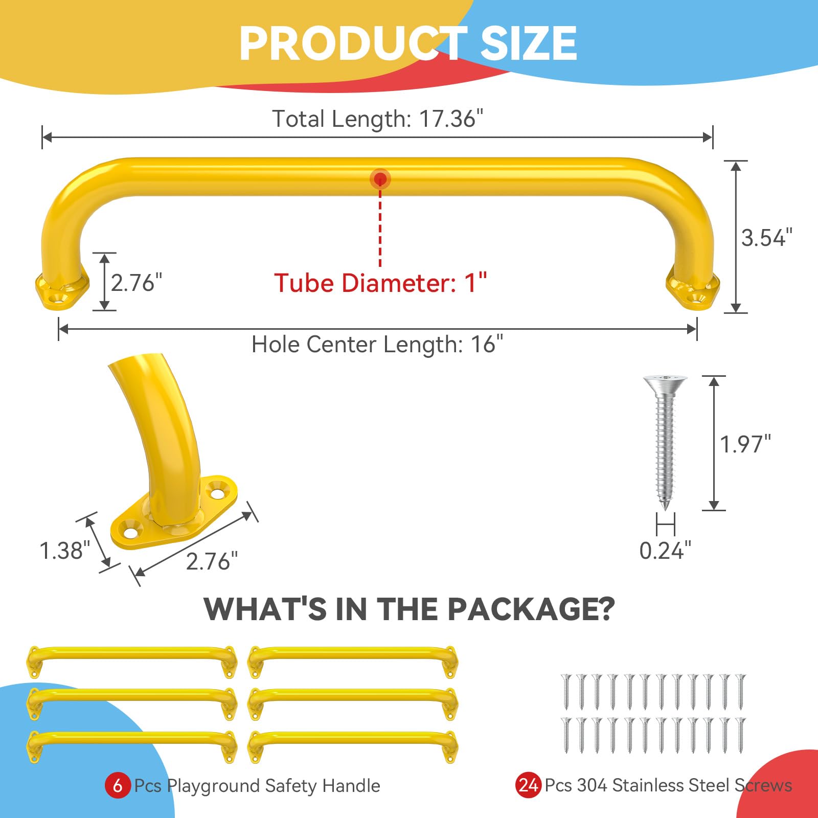 17.3 Inch Safety Playground Handles Metal Kids Indoor Outdoor Climbing Monkey Bars Swing Set Accessories Grab Handle Playset Hand Grips for Playhouse, Treehouse, Jungle Gym (Yellow, 6 Pack)