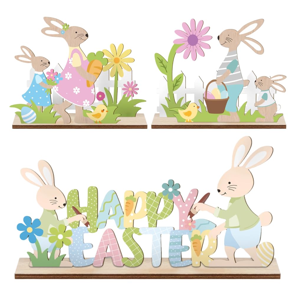 3PCS Easter Decorations, Spring Wooden Rabbit Sign Stand Rabbits Ornaments for Easter Home Office Decor