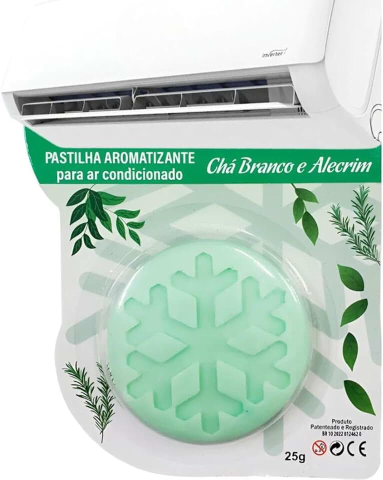 Pastilha Bactericida Aromatizante para Ar Condicionado Split – Chá Branco e Alecrim (25g) Higienizadora Ação neutralizadora de odores Aroma contínuo ELIMINA MAU CHEIRO