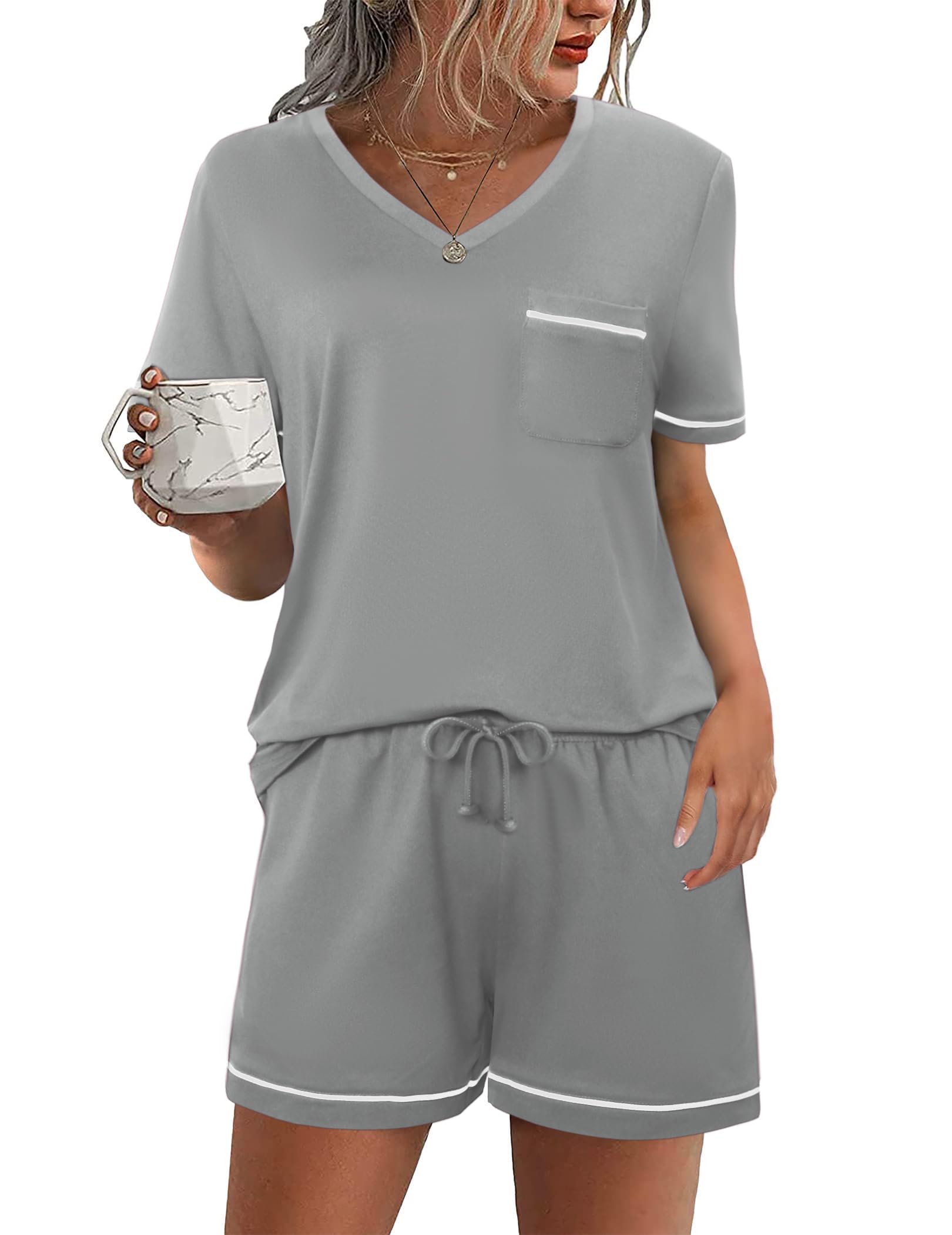 Litherday Schlafanzug Damen Kurz Baumwolle Pyjama Set Sommer Einfarbig Shorty Nachtwäsche Kurzarm Sleepwear Zweiteiliger T-Shirt mit Tasche