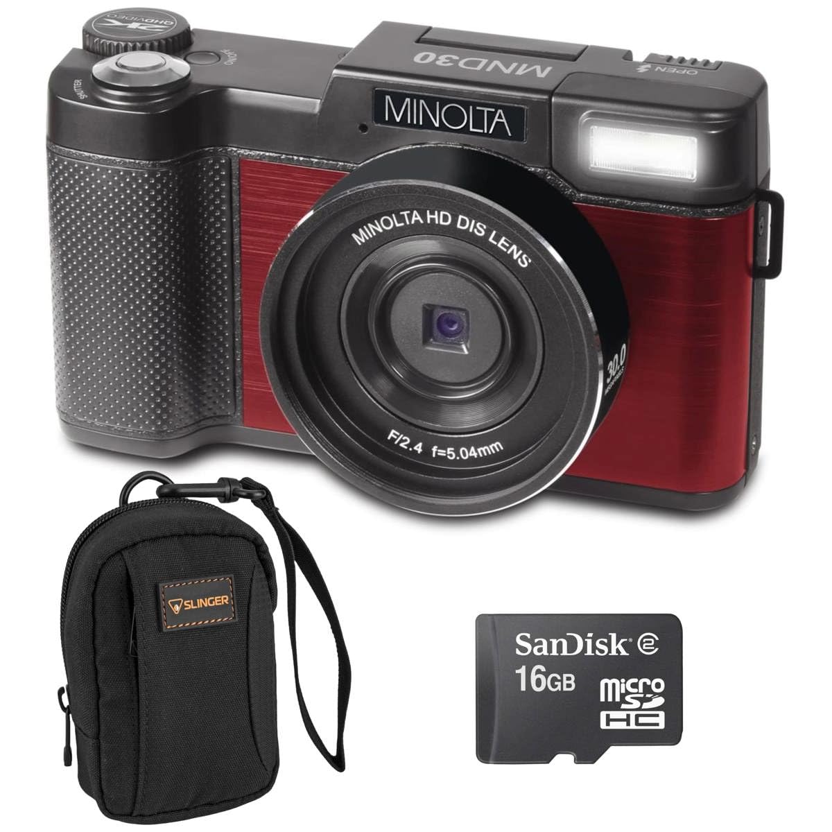 MinoltaMND30 30MP 2.7K QHD 3.0" LCD Screen Digital Camera, Red, with Micro SD Card and Slinger Camera Bag
