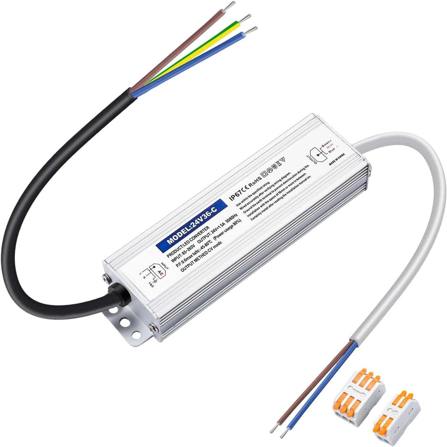 LED Transformer 24 V 36 W 1.5 A, LED Power Supply 24 V, LED Transformer 230 V to 24 Volt DC, Waterproof IP67 LED Driver for LED Lighting Indoor and Outdoor Use