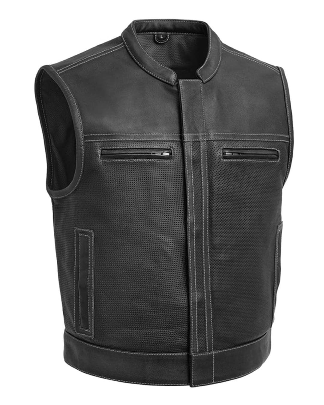 First Mfg Co Lowrider Mens Motorcycle Biker Riding Armor Club Style Black Leather, Twill, Moto Mesh, Perforated Vest