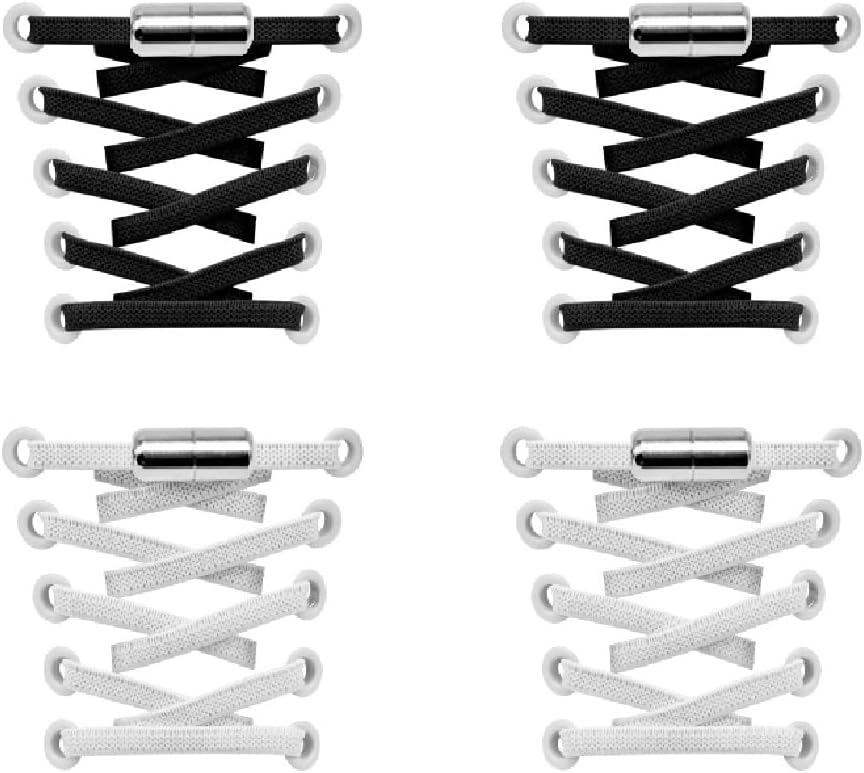 No Tie Elastic Shoe Laces,2 Pairs,Elastic Shoe Laces for Kids,Adult and elderly,Screw Capsule Shoe Clasp,Suitable for Sports Shoes,Casual Shoes,Hiking Shoes,Etc(Black+White)
