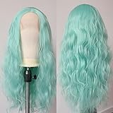 ELESTY Long Natural Curly Lace Front Wig Mint Green Synthetic Lace Front Wigs for Women Middle Part Glueless Heat Resistant Fiber Hair Cosplay Party Wig