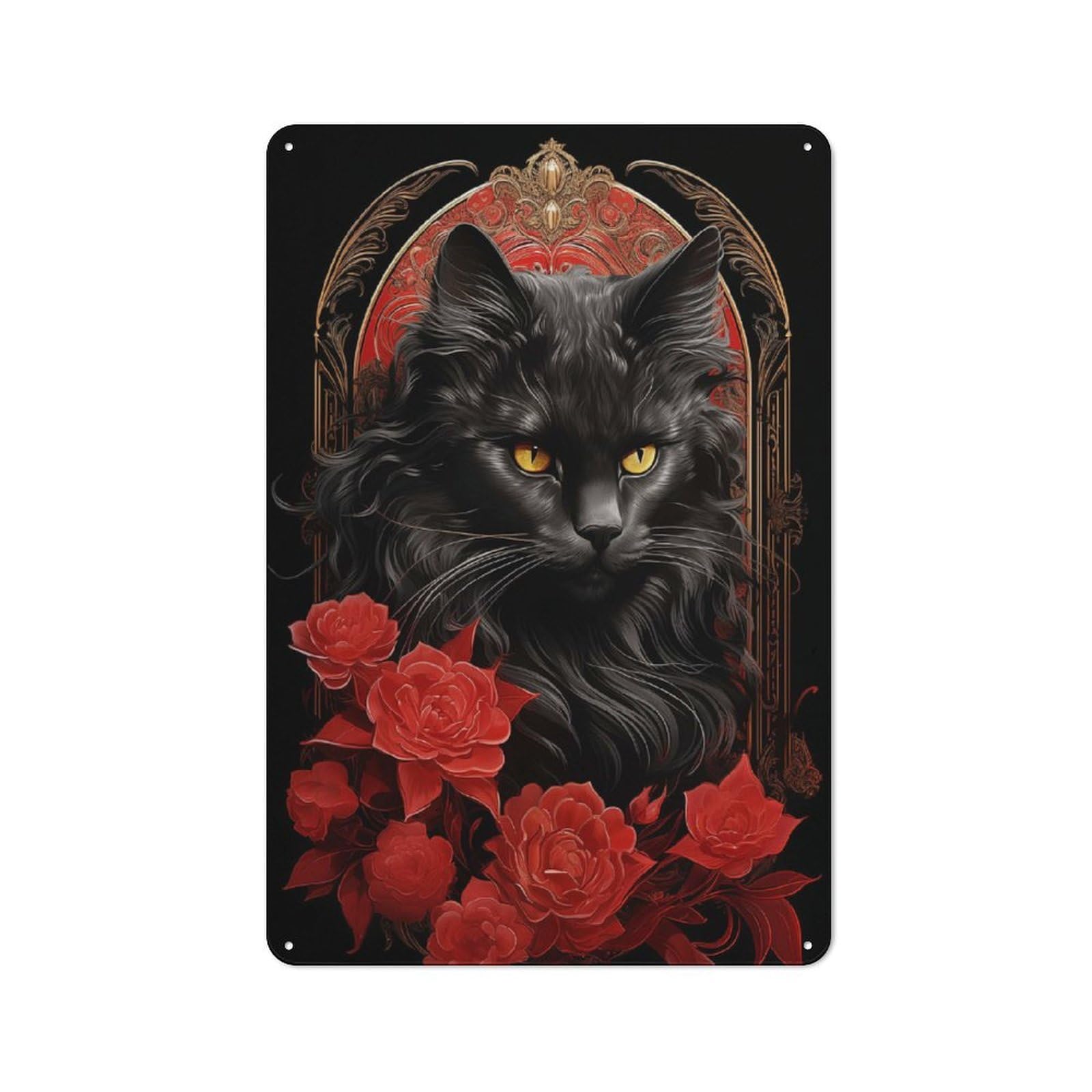 Junmoney Style-14 Tin Wall Plaque 30X20cm With Maine Coon Cat With Flower For Home Office Or Studio, For Garage, Workshop And Man Cave Decoration