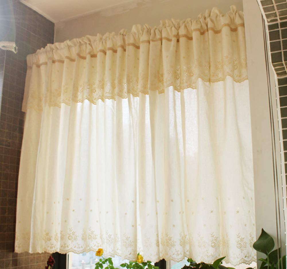 Cortina corta de estilo americano en algodón y lino con bordado florete, 150x95 cm