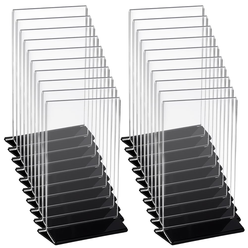 Doodlream 20PCS Acrylic Sign Holder 15 x 10 cm, Double-Sided Clear Desktop Display Stand for Party Wedding, T-Shape Vertical Menu Paper Holder for Restaurants Office Store Classroom