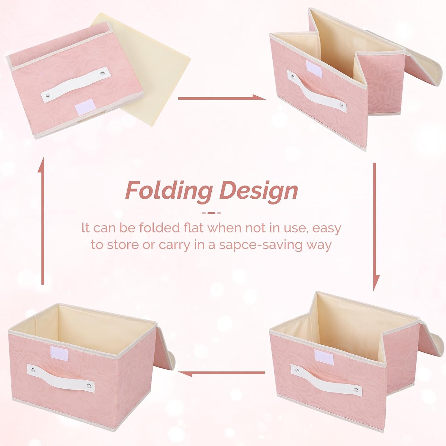 Lucky Monet Cute Storage Bin Boxes with Lids Washable Decorative Storage Boxes Pink Lidded Storage Baskets Collapsible Fabric Box Cubes with PU Leather Handles for Shelf Closet, 3 Pack Pink, Small
