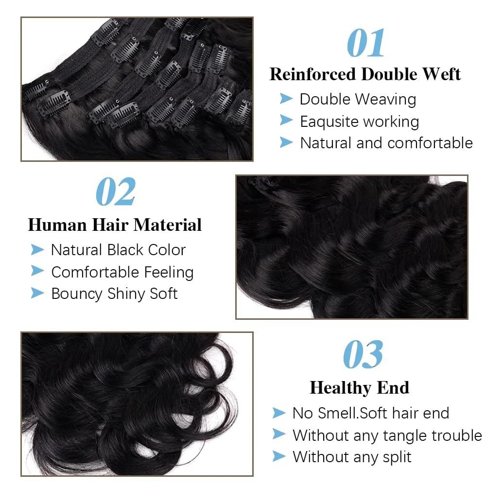 Dopinki do przedłużania włosów Body Wave Clip in, prawdziwe, 25-66 cm, falowane, dla kobiet, 8 sztuk, 120 g, 18 klipsów, naturalna czerń, nr 1B (22")
