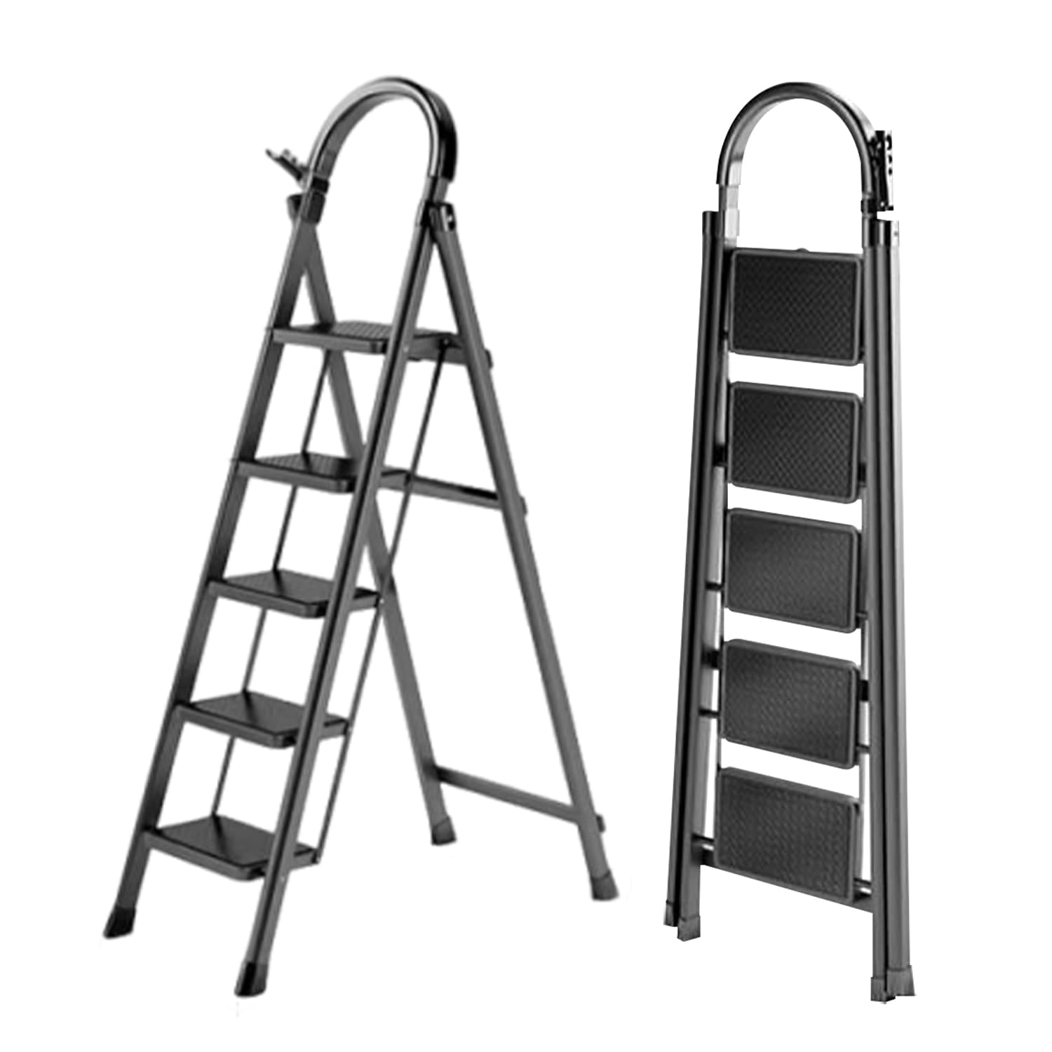 K IKIDO Scaletta a 5 gradini, pieghevole con pedale antiscivolo, caricato 150 KG-Acciaio-Nero