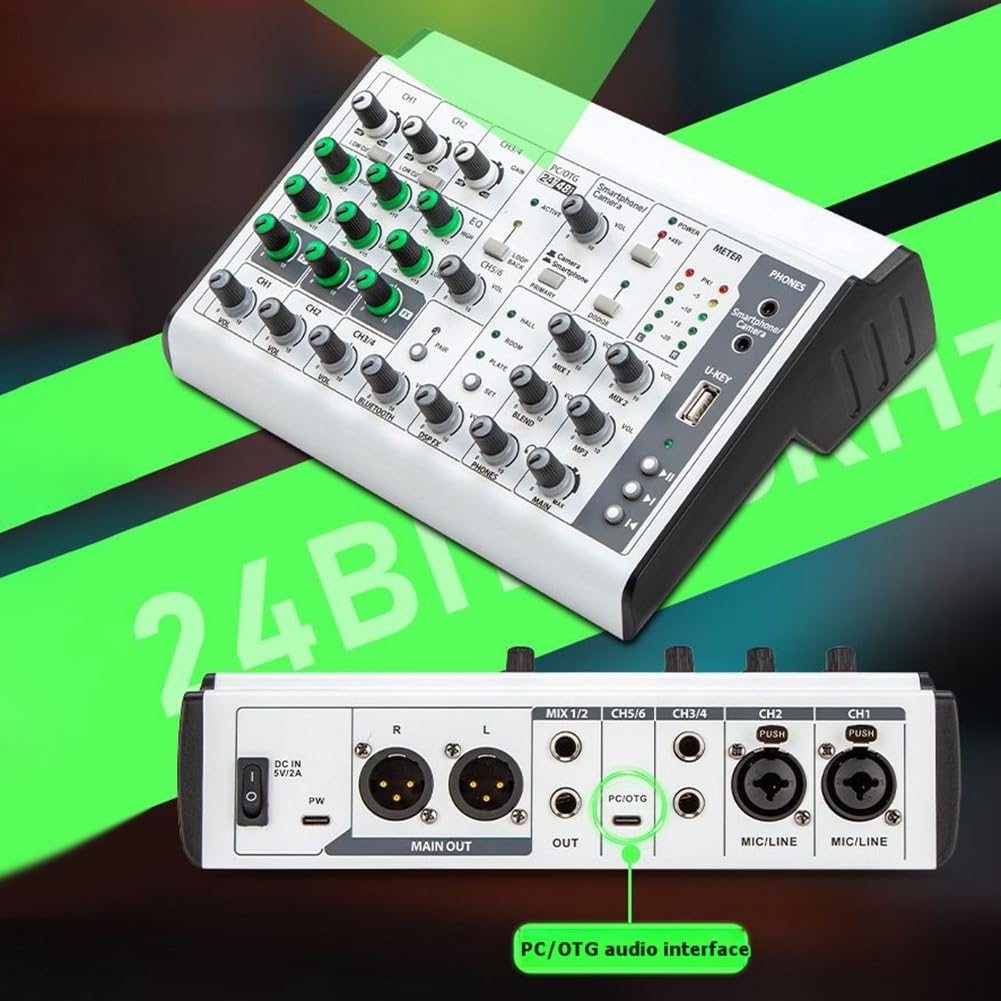 Mezclador de Audio OTG de 6 Canales con Conexión Bluetooth y USB, Transmisión en, Grabación, Ajuste de Frecuencia Alta y Baja de 48V.