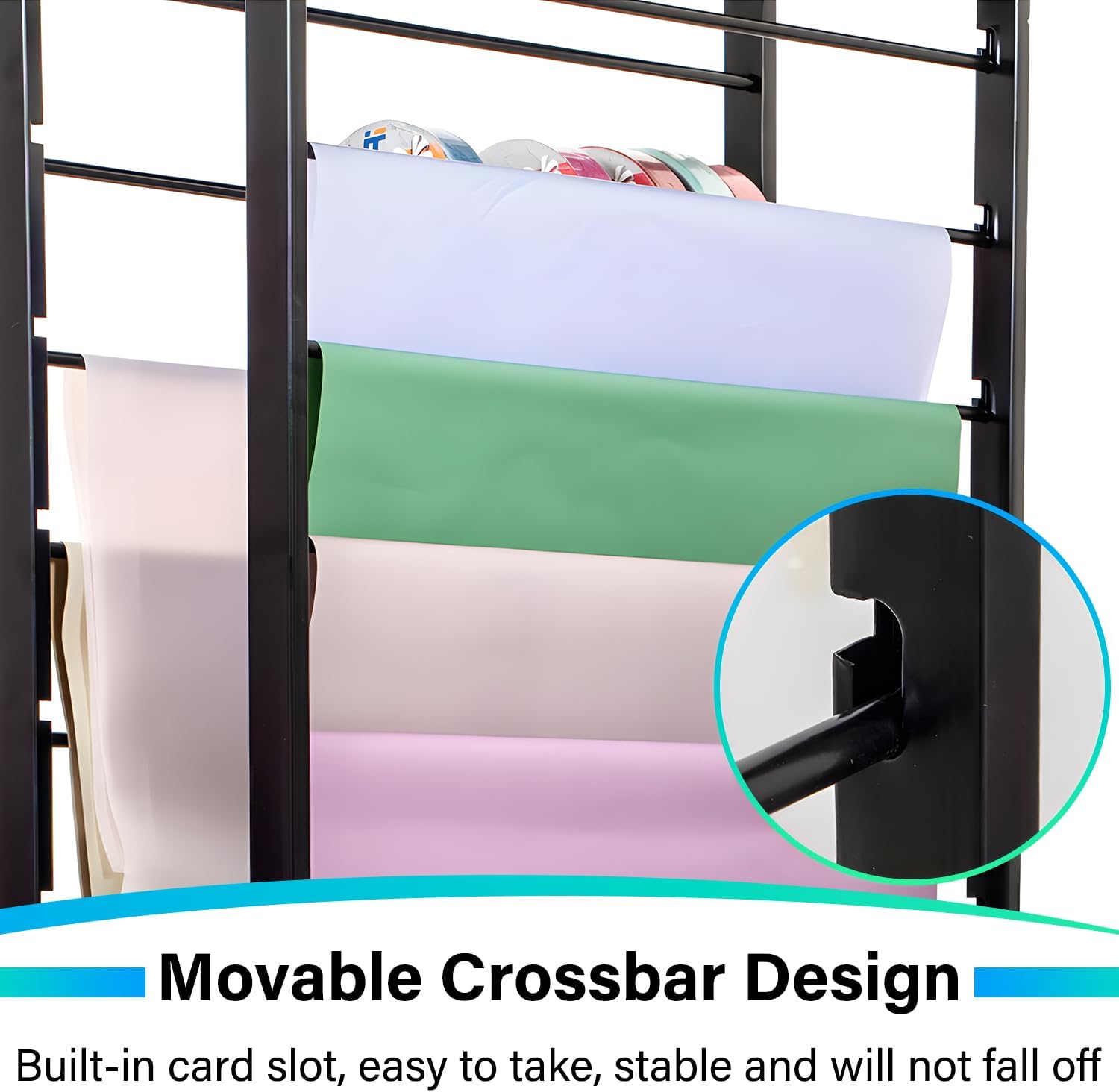 Metal Ribbon Storage Shelf Organizer with Wheels, Double-Sided Towel and Scarf Holder Rack for Craft Room