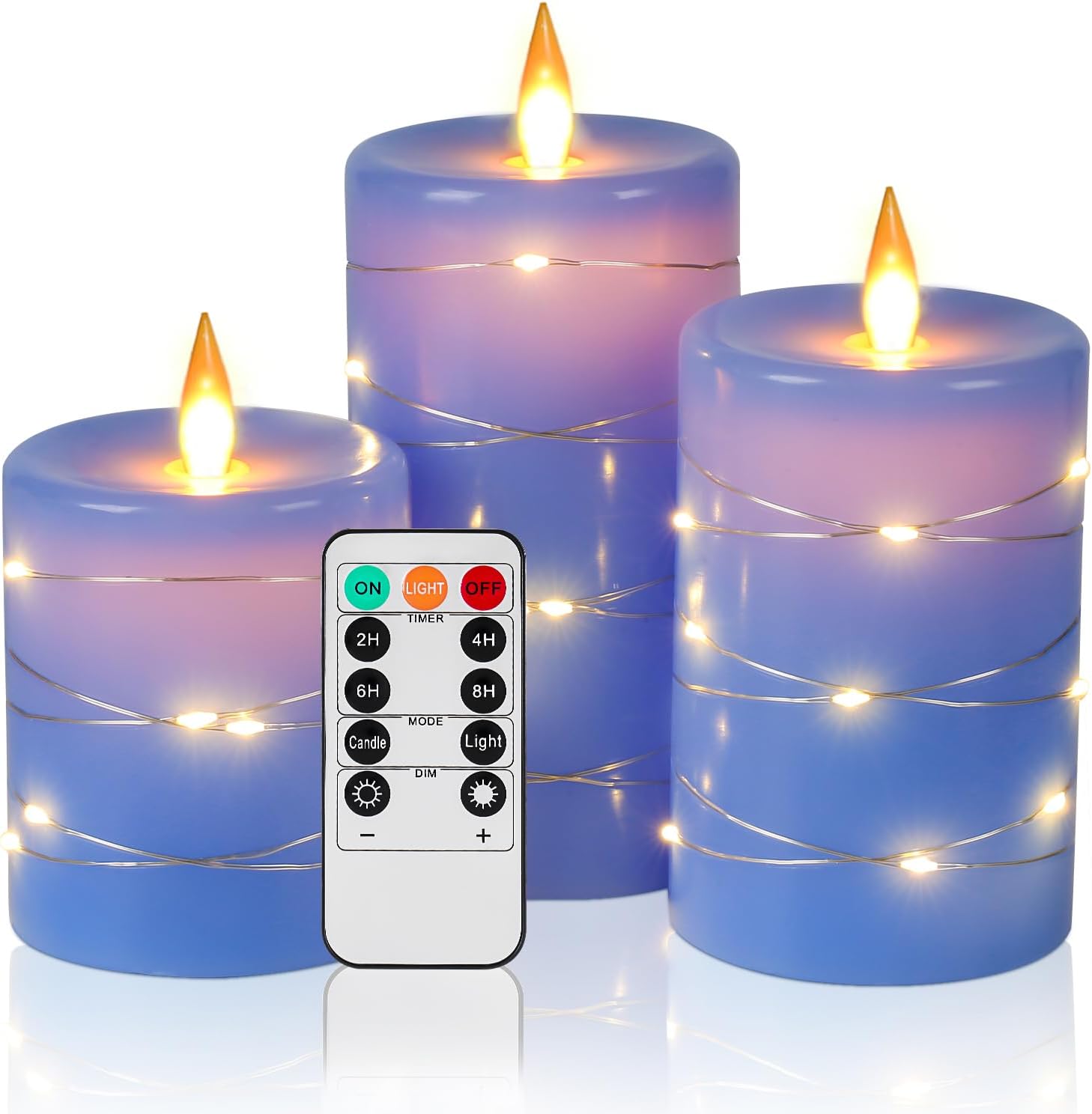 Flameless Candles 360 Degree Viewing Angle, with Starry String Lights, 3-Pack Fairy String Lights LED Candles, with 10-Key Remote Control, 24-Hour Timer Function, Dancing Flame, Real Wax(Blue).