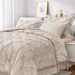 JOLLYVOGUE Beige Cal King Size Comforter Sets 7 Pieces, Pintuck Bed in a Bag Comforter Set for Bedroom, Bedding Comforter Sets with Comforter, Sheets,Ruffled Shams & Pillowcases