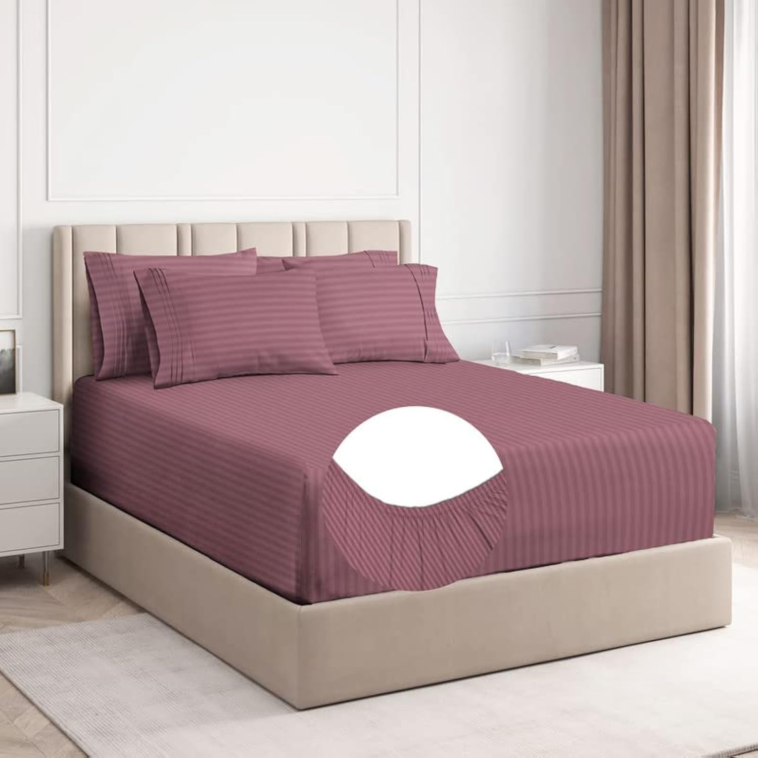 BSB HOME Cotton Solid/Stripes 220 TC Elasticated Fitted King Size Bedsheets with 2 Pillow Covers | Breathable | Size -78X72+10 Inches Deep Pocket Home-Hotels-Hospital-Guest House- Pinkish Red