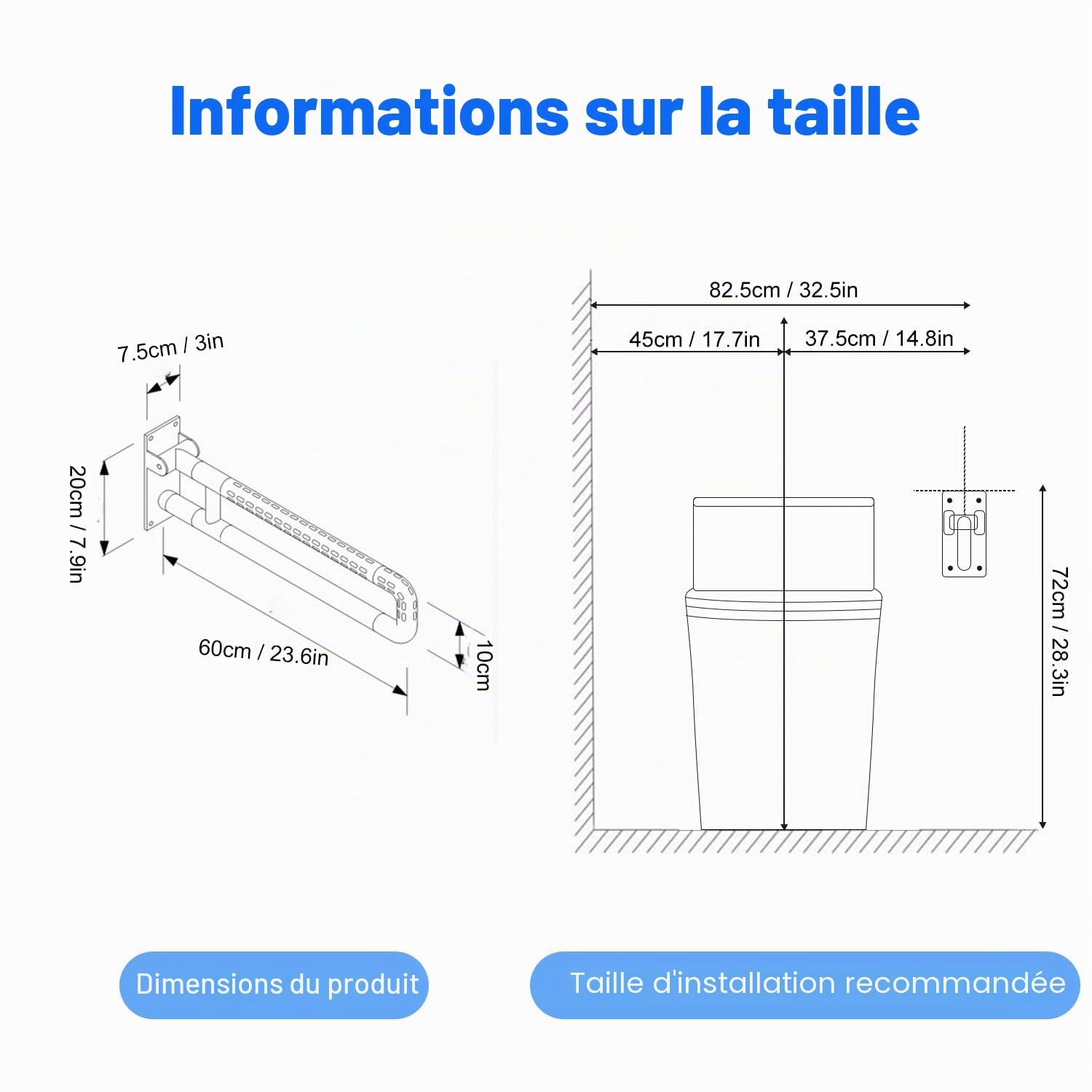 Barre de Maintien Douche, 60cm Pliable Blanc en Acier Inoxydable | Poignée de Sécurité Toilette Adaptée aux Handicapés et Seniors, Supporte jusqu'à 300kg