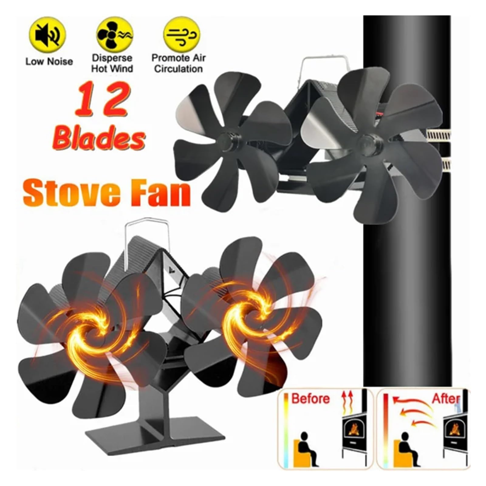 Ventilador Estufa Leña Ventilador De Estufa Leña 12 Aspas, For Hogar, Calor Con, Quemador Madera, Silencioso, Doble For 6(Standed)